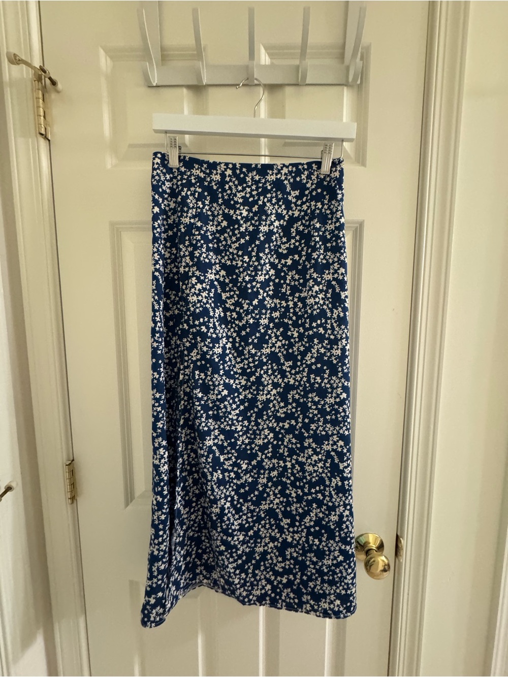 Navy Blue Floral Print Maxi Skirt with Front Slit